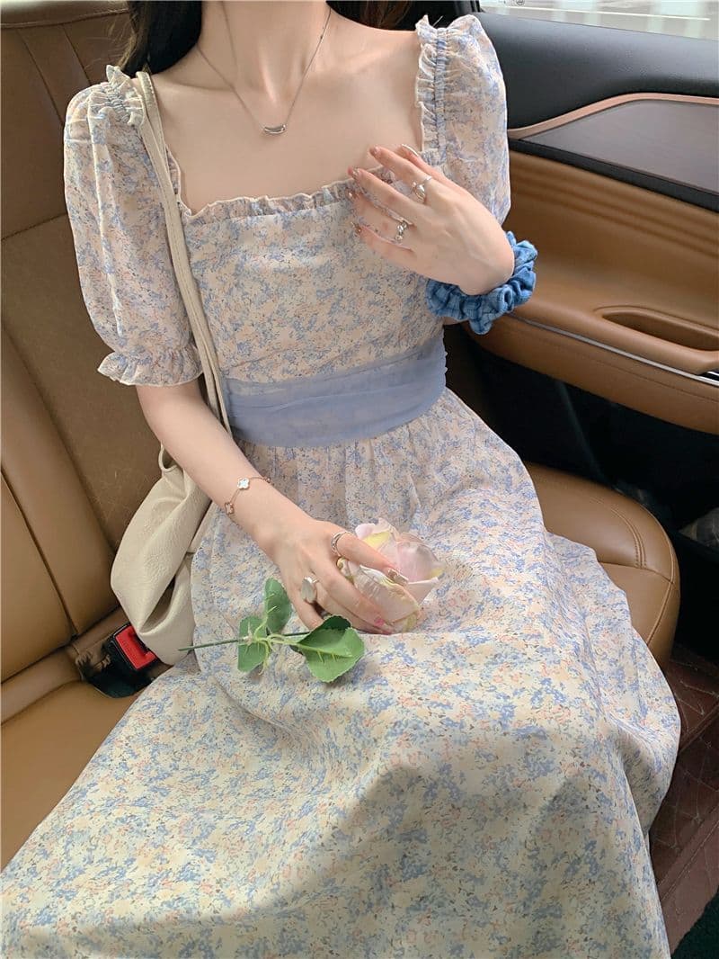 부드러운 바람 꽃무늬 거품 소매 여성 드레스 여름 2026 새로운 허리 수축 슬림해 보이는 레이스업 품격 반팔 치마 상세 이미지 5