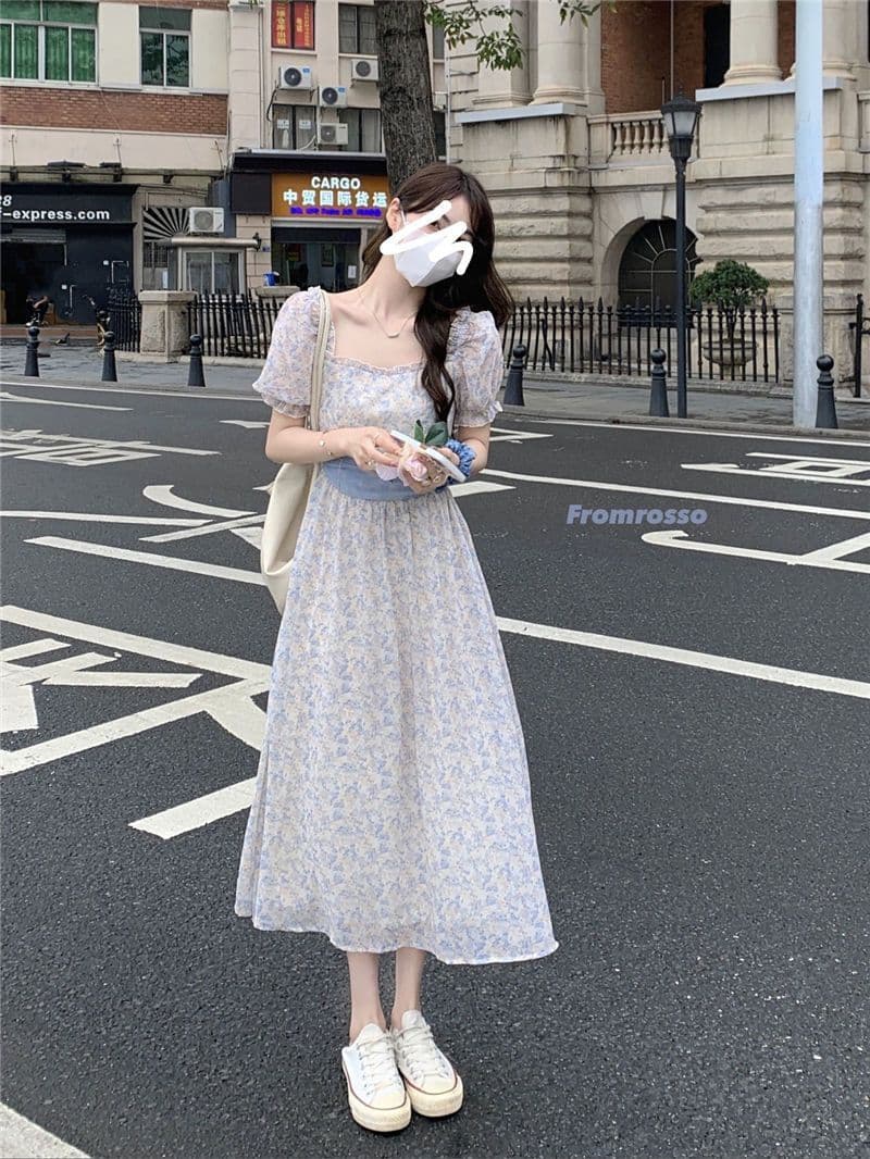 부드러운 바람 꽃무늬 거품 소매 여성 드레스 여름 2026 새로운 허리 수축 슬림해 보이는 레이스업 품격 반팔 치마 상세 이미지 7