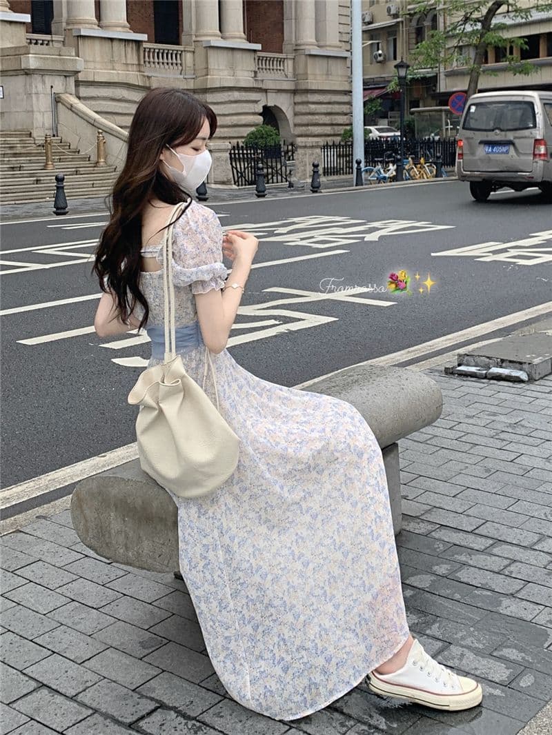 부드러운 바람 꽃무늬 거품 소매 여성 드레스 여름 2026 새로운 허리 수축 슬림해 보이는 레이스업 품격 반팔 치마 상세 이미지 8