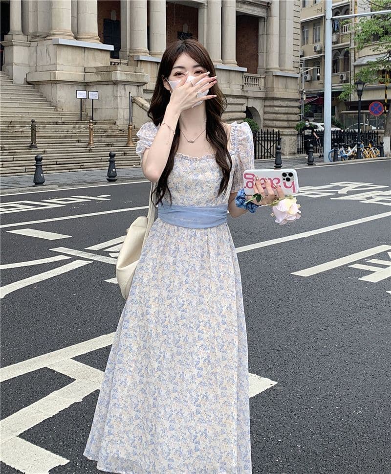 부드러운 바람 꽃무늬 거품 소매 여성 드레스 여름 2026 새로운 허리 수축 슬림해 보이는 레이스업 품격 반팔 치마 상세 이미지 10