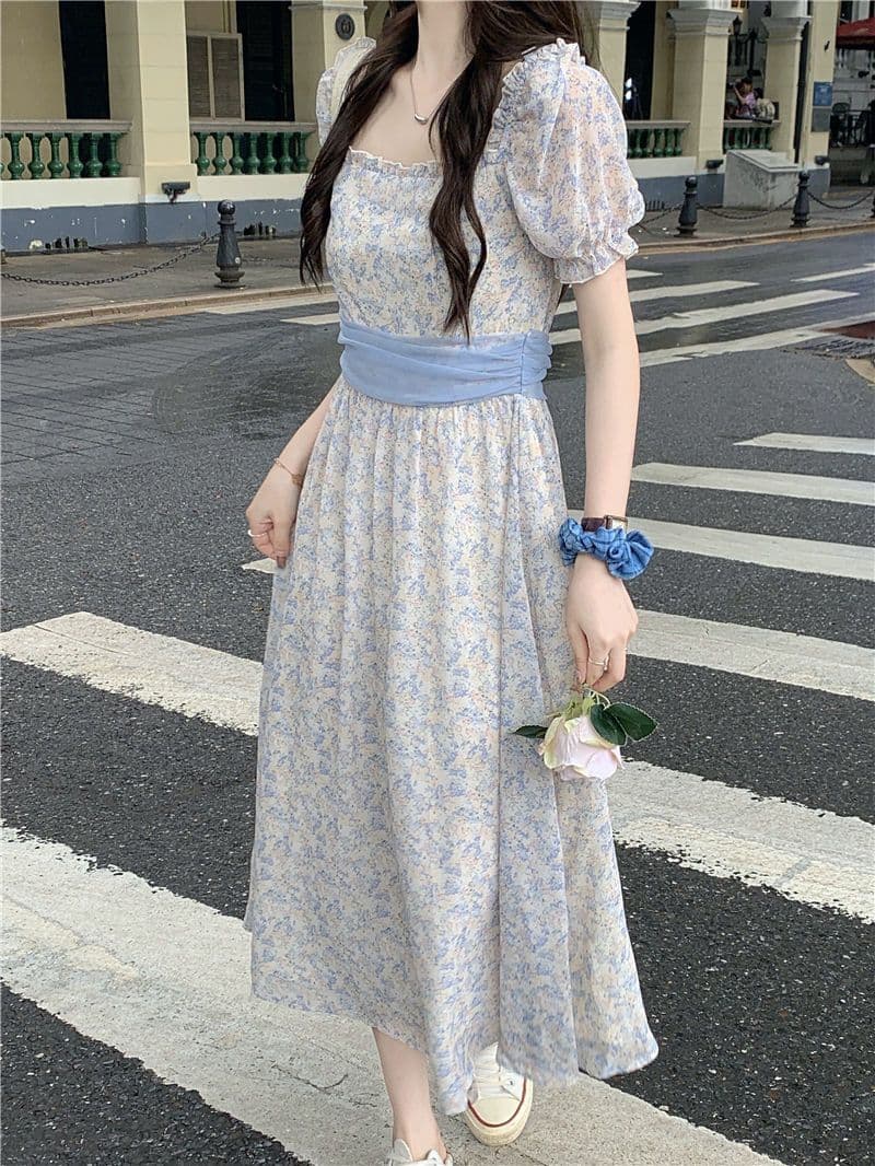 부드러운 바람 꽃무늬 거품 소매 여성 드레스 여름 2026 새로운 허리 수축 슬림해 보이는 레이스업 품격 반팔 치마 상세 이미지 13