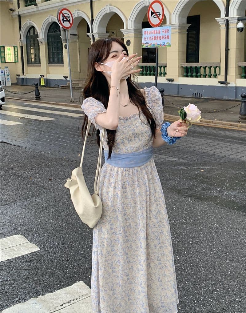 부드러운 바람 꽃무늬 거품 소매 여성 드레스 여름 2026 새로운 허리 수축 슬림해 보이는 레이스업 품격 반팔 치마 상세 이미지 15