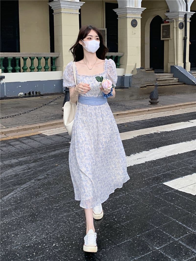 부드러운 바람 꽃무늬 거품 소매 여성 드레스 여름 2026 새로운 허리 수축 슬림해 보이는 레이스업 품격 반팔 치마 상세 이미지 16