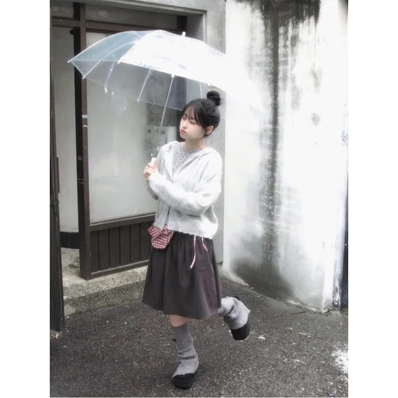 새로운 일본식 레트로 빛 아시아 인 바람 꽃밭 다용도 주름 퍼프 회색 한 마디 무릎 아래 중간 길이 스커트 반신 스커트 여성 이미지 4