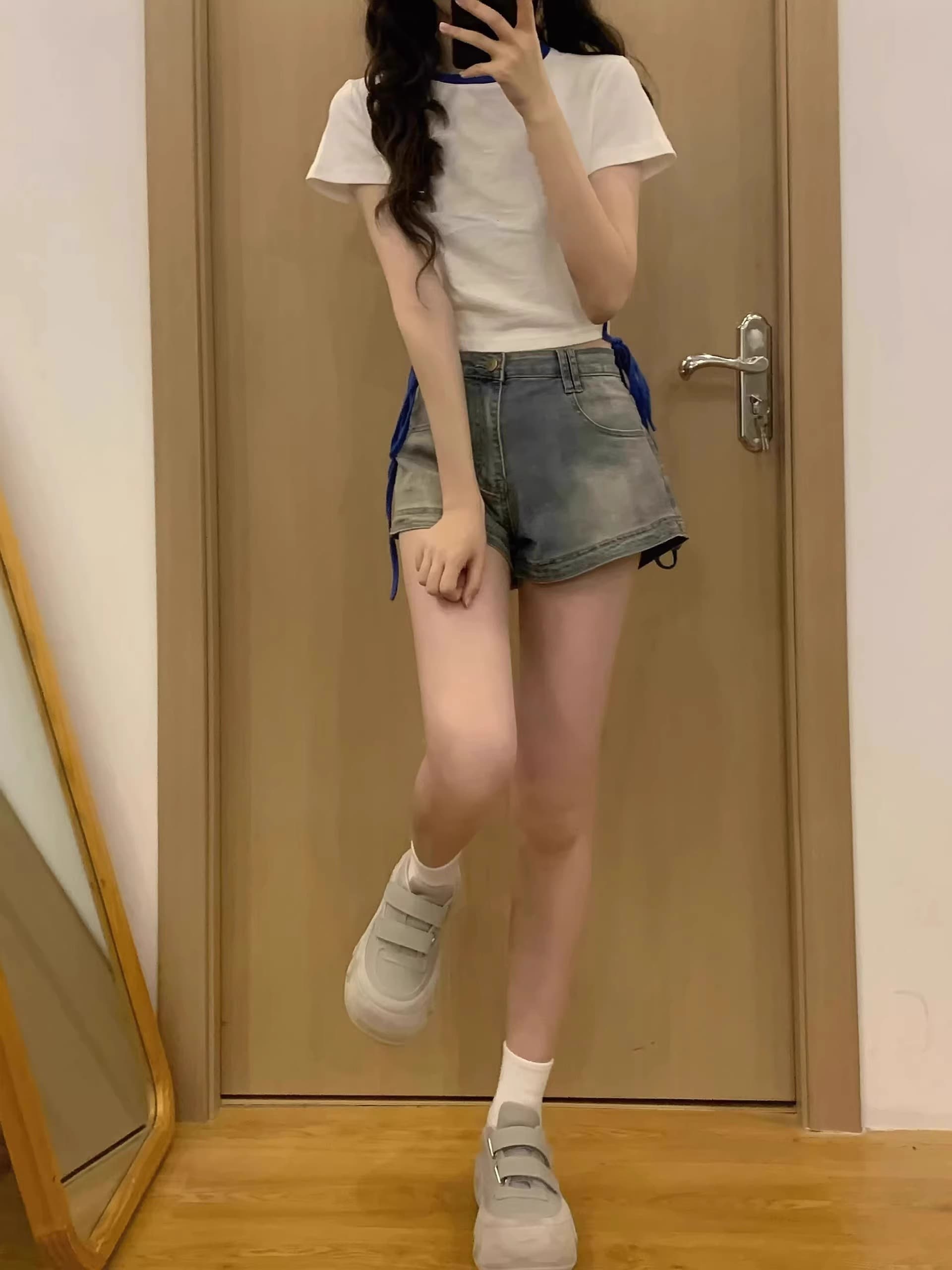 아메리칸 레트로 데님 반바지 여성 여름 디자인 센스 하이웨이스트 슬림해 보이는 핫걸 마 오래된 한 마디 데님 핫 바지 이미지 4