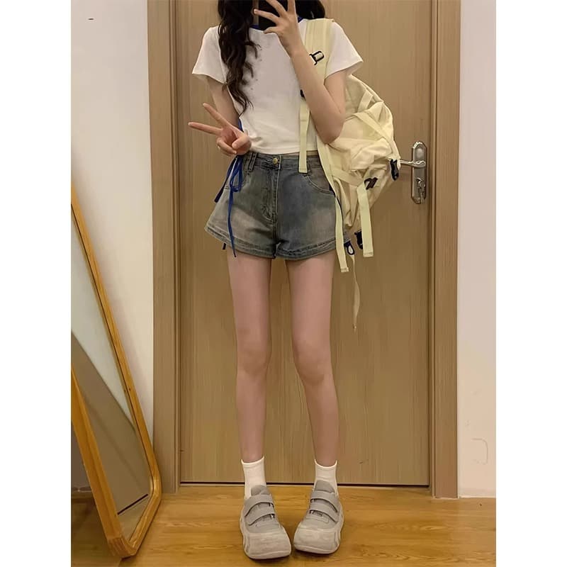 아메리칸 레트로 데님 반바지 여성 여름 디자인 센스 하이웨이스트 슬림해 보이는 핫걸 마 오래된 한 마디 데님 핫 바지 이미지 5