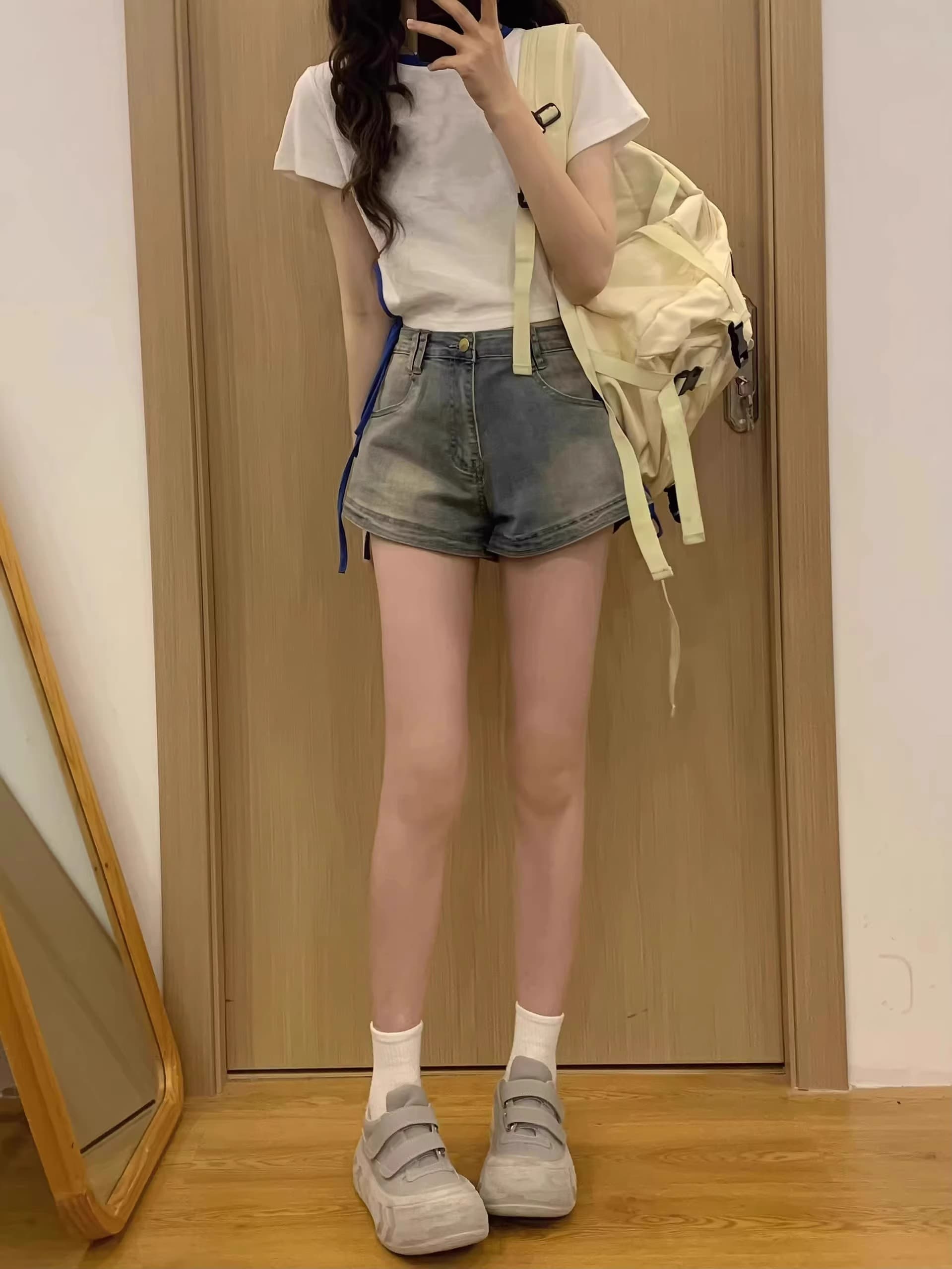 아메리칸 레트로 데님 반바지 여성 여름 디자인 센스 하이웨이스트 슬림해 보이는 핫걸 마 오래된 한 마디 데님 핫 바지 상세 이미지 4