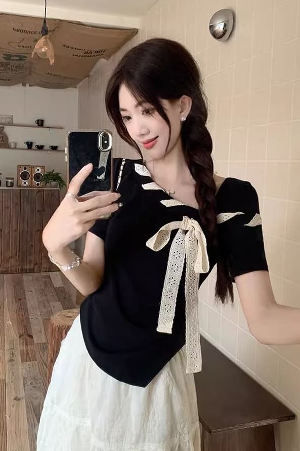 비스듬한 어깨 티셔츠 여름 외출용 품격 고유 한 맨위 슬림해 보이는 허리 수축 불규칙 디자인 센스 프랑스식 몸매 가꾸기 반팔 이미지 7