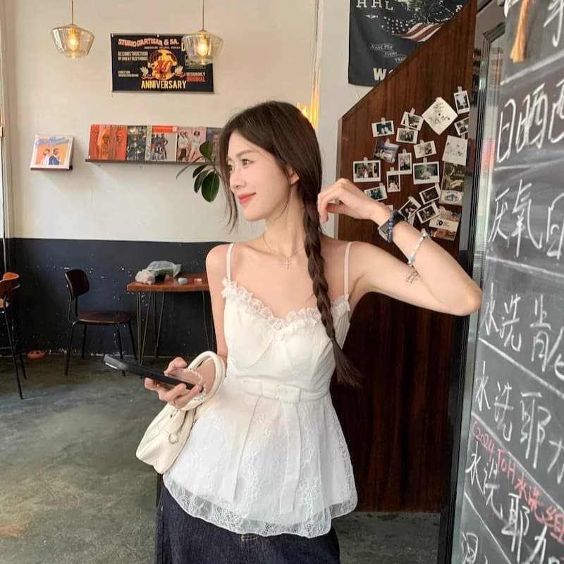 달콤함 패치워크 디자인 핫걸 바람 조끼 슬립 나비 매듭 허리 수축 슬림해 보이는 고급 센스 민소매 화이트 맨위 여성 이미지 3