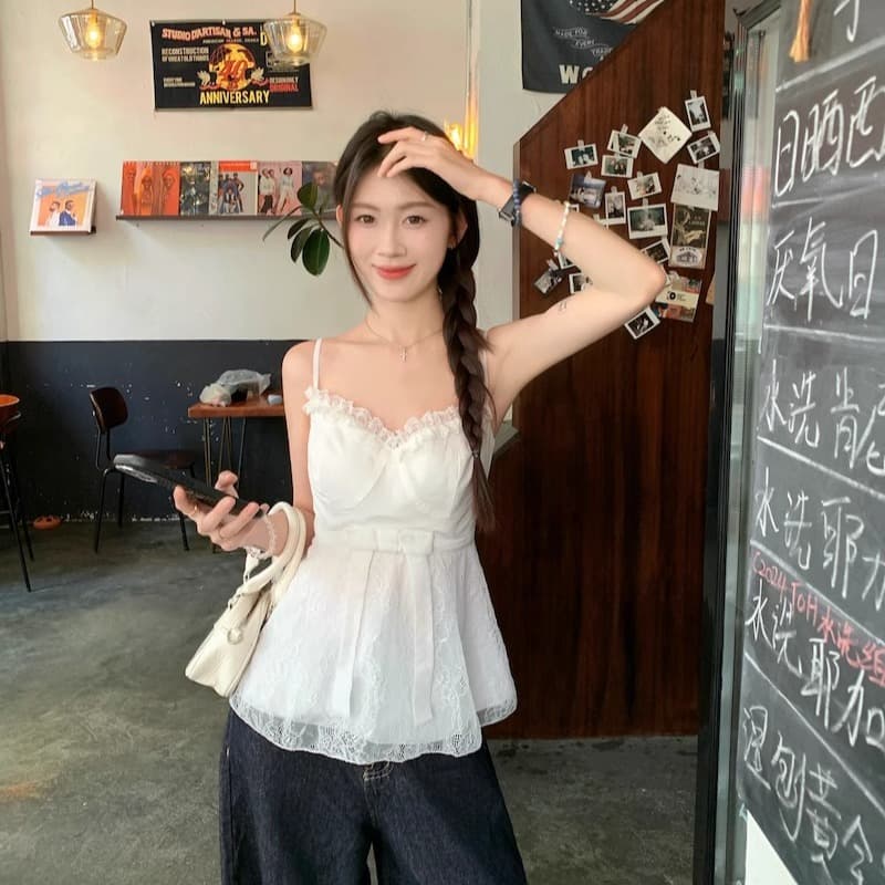 달콤함 패치워크 디자인 핫걸 바람 조끼 슬립 나비 매듭 허리 수축 슬림해 보이는 고급 센스 민소매 화이트 맨위 여성 이미지 2