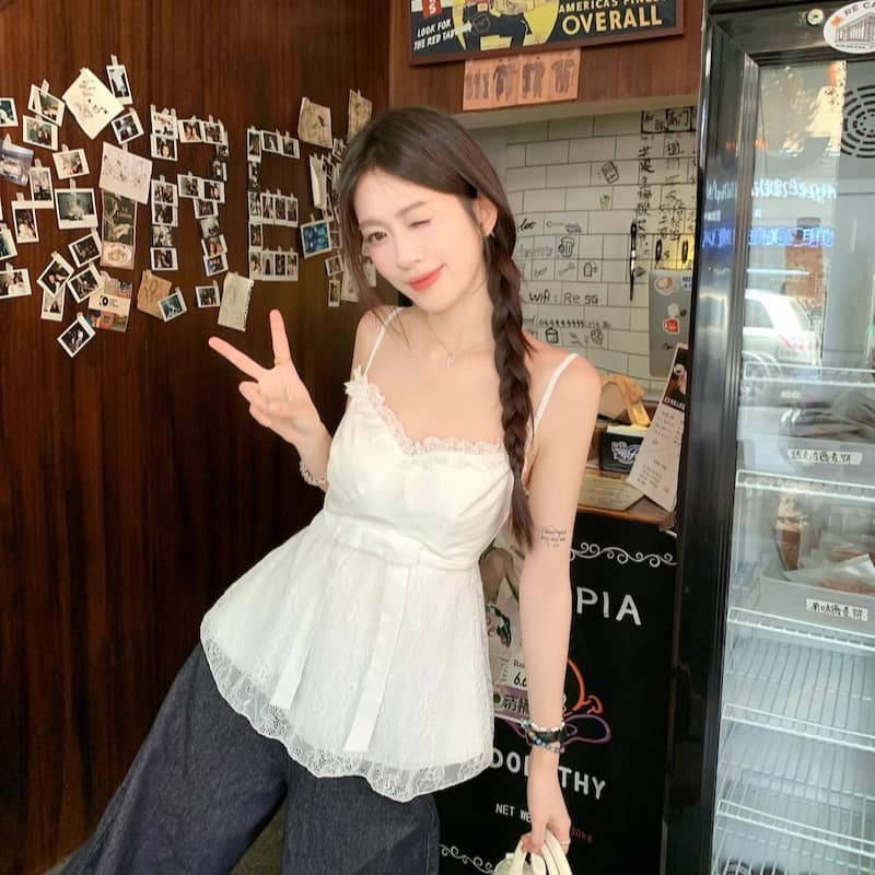 달콤함 패치워크 디자인 핫걸 바람 조끼 슬립 나비 매듭 허리 수축 슬림해 보이는 고급 센스 민소매 화이트 맨위 여성 이미지 5