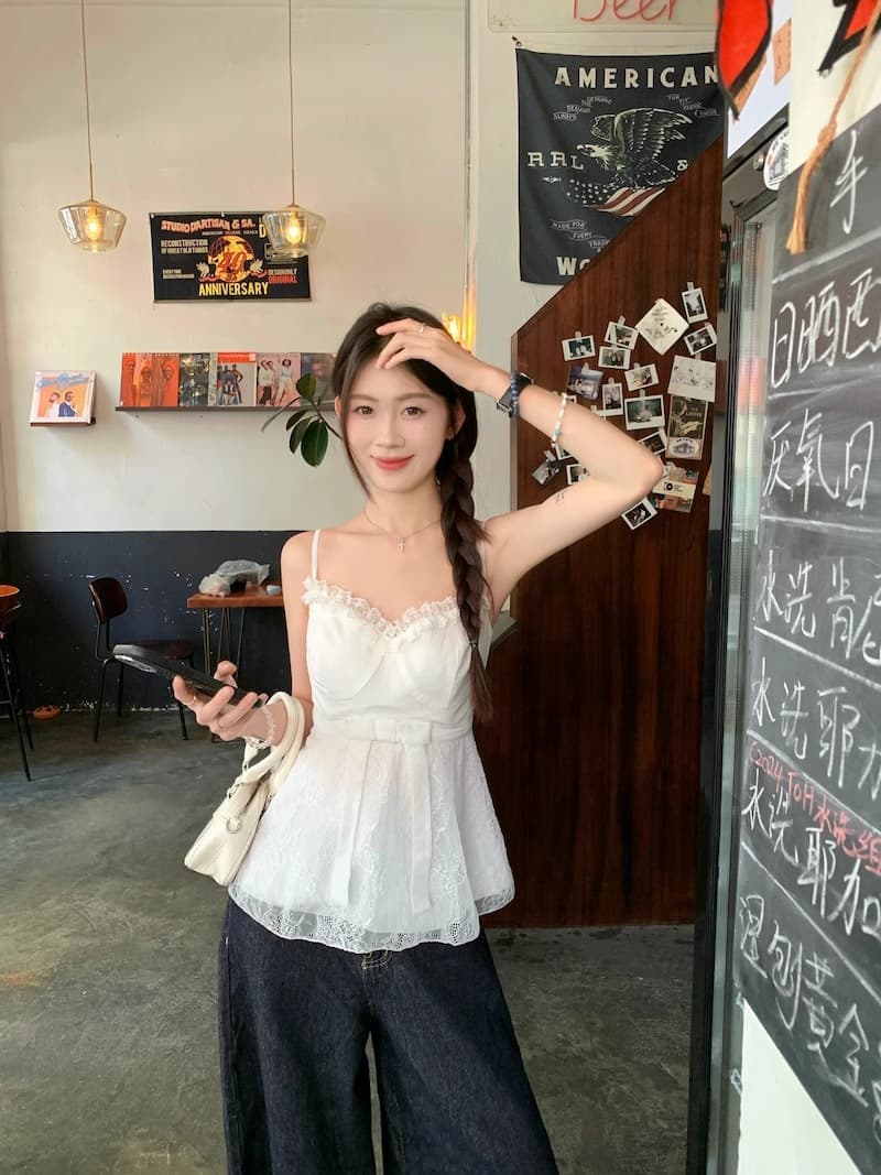 달콤함 패치워크 디자인 핫걸 바람 조끼 슬립 나비 매듭 허리 수축 슬림해 보이는 고급 센스 민소매 화이트 맨위 여성 상세 이미지 2