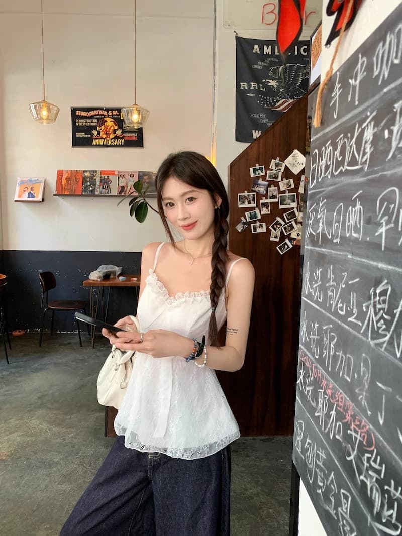 달콤함 패치워크 디자인 핫걸 바람 조끼 슬립 나비 매듭 허리 수축 슬림해 보이는 고급 센스 민소매 화이트 맨위 여성 상세 이미지 3