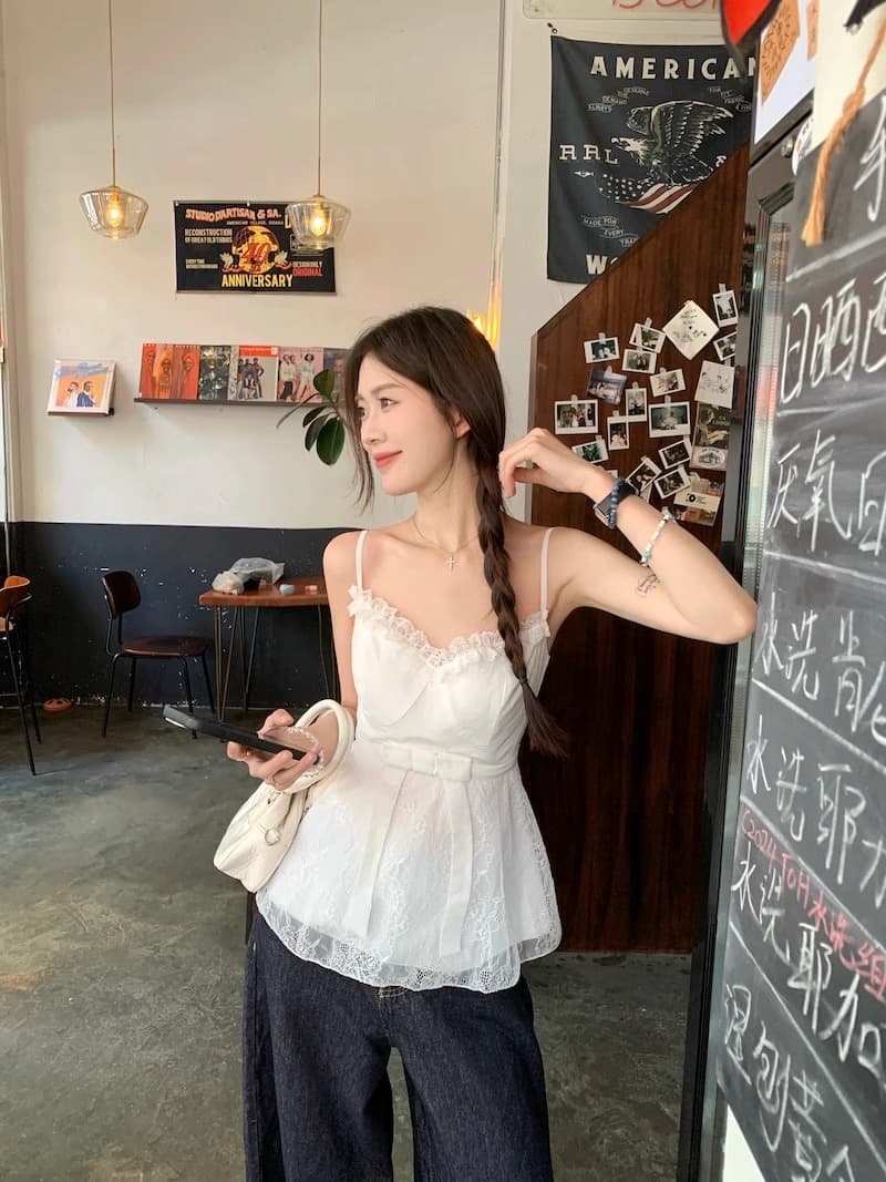 달콤함 패치워크 디자인 핫걸 바람 조끼 슬립 나비 매듭 허리 수축 슬림해 보이는 고급 센스 민소매 화이트 맨위 여성 상세 이미지 4