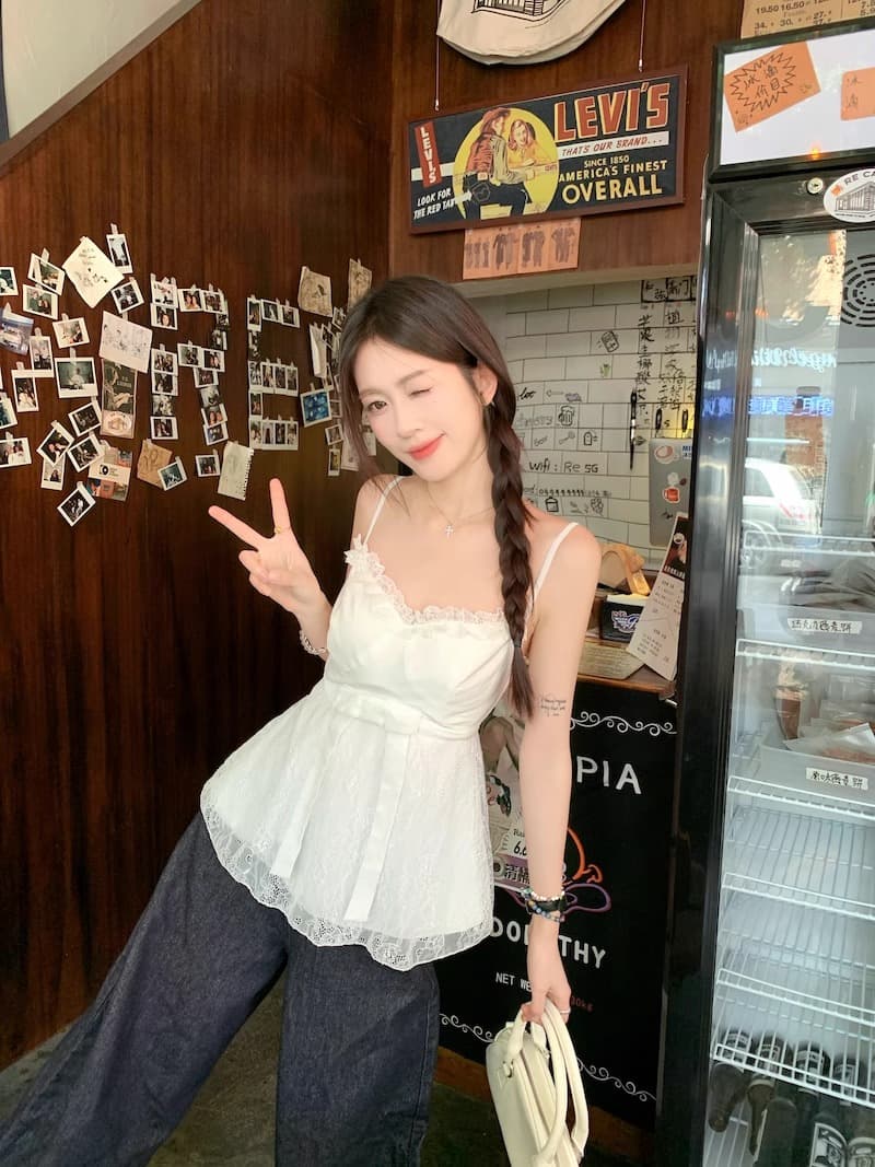 달콤함 패치워크 디자인 핫걸 바람 조끼 슬립 나비 매듭 허리 수축 슬림해 보이는 고급 센스 민소매 화이트 맨위 여성 상세 이미지 6