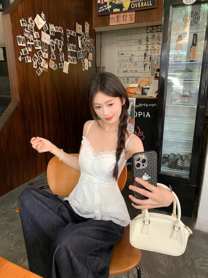 달콤함 패치워크 디자인 핫걸 바람 조끼 슬립 나비 매듭 허리 수축 슬림해 보이는 고급 센스 민소매 화이트 맨위 여성 상세 이미지 10