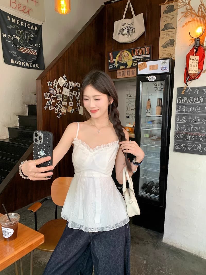 달콤함 패치워크 디자인 핫걸 바람 조끼 슬립 나비 매듭 허리 수축 슬림해 보이는 고급 센스 민소매 화이트 맨위 여성 상세 이미지 12
