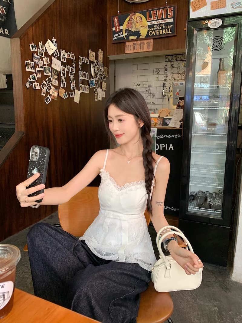 달콤함 패치워크 디자인 핫걸 바람 조끼 슬립 나비 매듭 허리 수축 슬림해 보이는 고급 센스 민소매 화이트 맨위 여성 상세 이미지 21