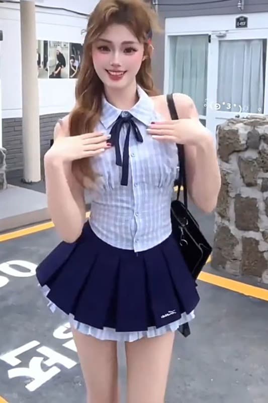 원본 원단 학원 스타일 달콤한 핫걸 격자 무늬 셔츠 여름 작은 키 민소매 몸매 가꾸기 슬림해 보이는 맨위 여성 이미지 6