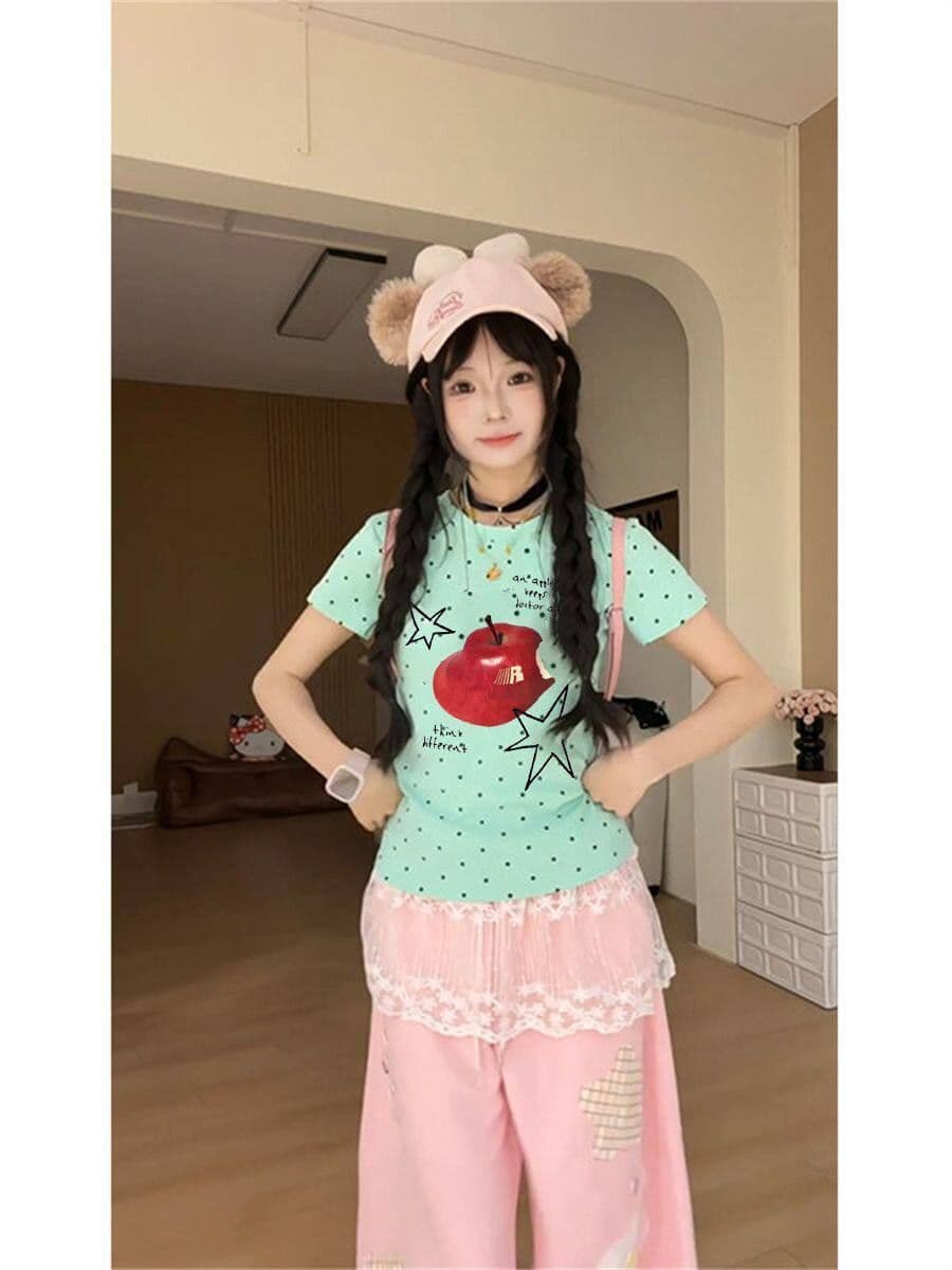 40 210 그램 빗질하다 92 면 8 암모니아 Lun 이후 패키지 칼라 몸매 가꾸기 긍정적 인 어깨 반팔 티셔츠 여성 여름 도트 무늬