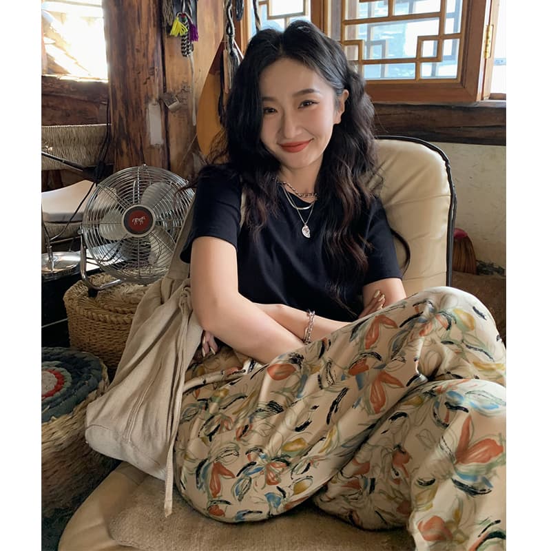 캐주얼 꽃 바지 여름 새로운 도루 센스 하이웨이스트 루즈핏 슬림해 보이는 스트레이트 바닥 청소 바지 대외 무역 한 싱글 폭발 이미지 5