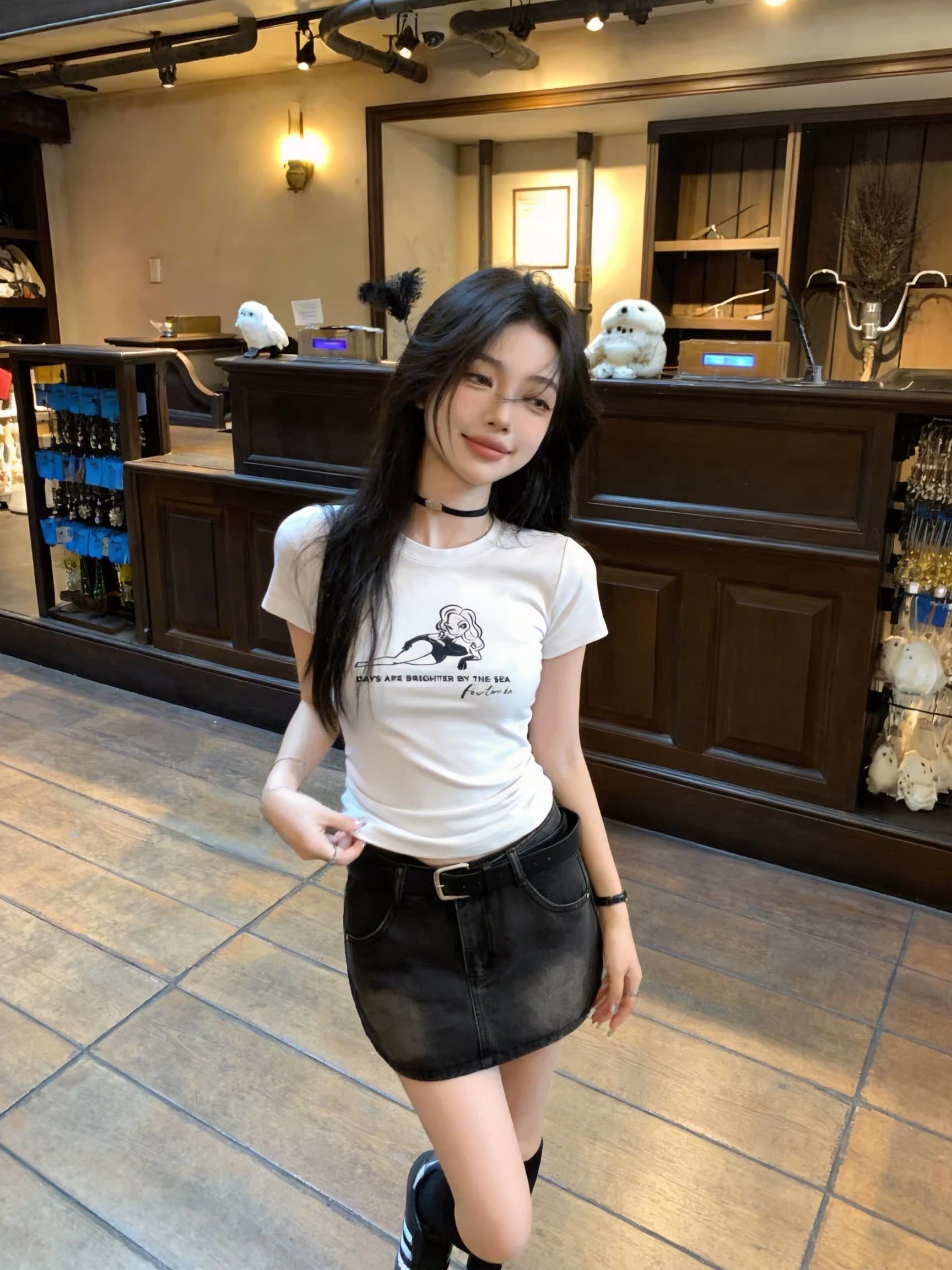 40 220 그램 빗질하다 92 면 8 암모니아 Lun 이후 패키지 칼라 몸매 가꾸기 슬림해 보이는 긍정적 인 어깨 반팔 티셔츠 여성 이미지 4