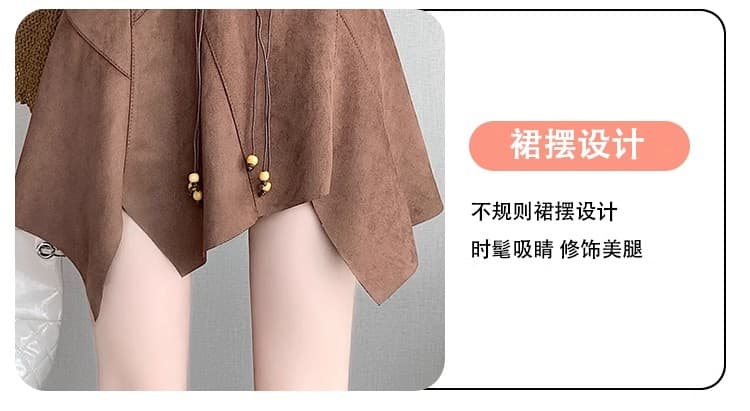 있음 안전 바지 경기 허리 이전 장신구 스웨이드 원단 반신 스커트 여성 봄 여름 새로운 개성 벨트 하이웨이스트 미니 스커트 상세 이미지 10