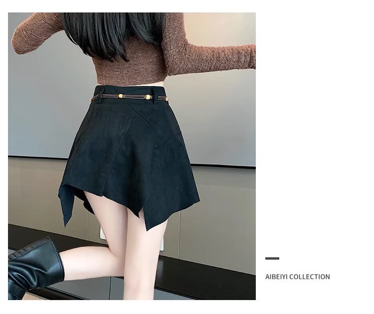 있음 안전 바지 경기 허리 이전 장신구 스웨이드 원단 반신 스커트 여성 봄 여름 새로운 개성 벨트 하이웨이스트 미니 스커트 상세 이미지 15