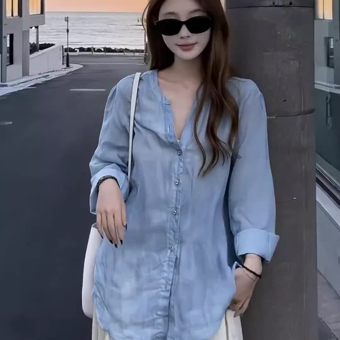 돈 바람 느슨함 센스 파란색 아마 자외선 차단 여성 셔츠 여름 얇고 가벼운 착용 가져 가라. 캐주얼 레트로 셔츠 라미 맨위 이미지 2