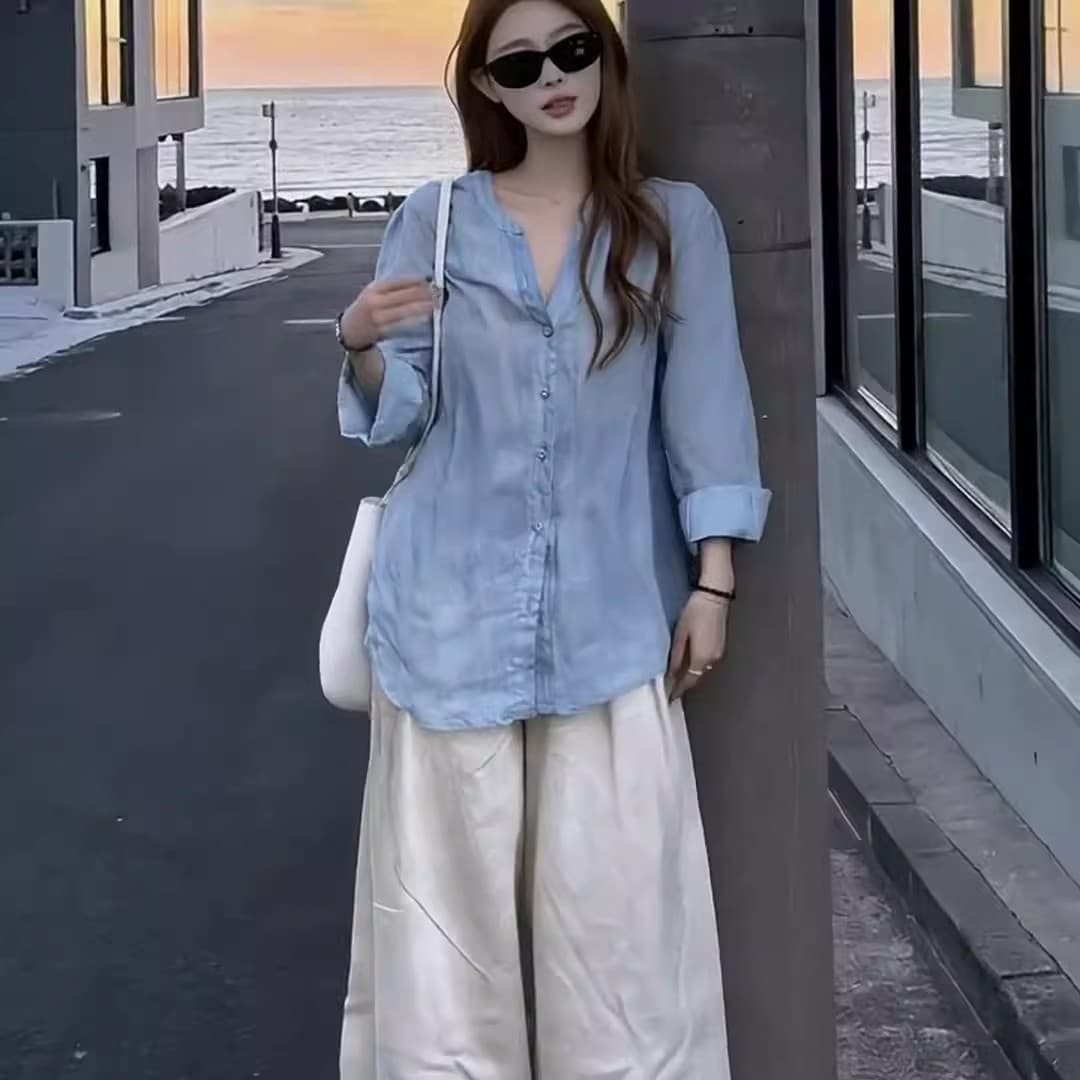 돈 바람 느슨함 센스 파란색 아마 자외선 차단 여성 셔츠 여름 얇고 가벼운 착용 가져 가라. 캐주얼 레트로 셔츠 라미 맨위 이미지 3