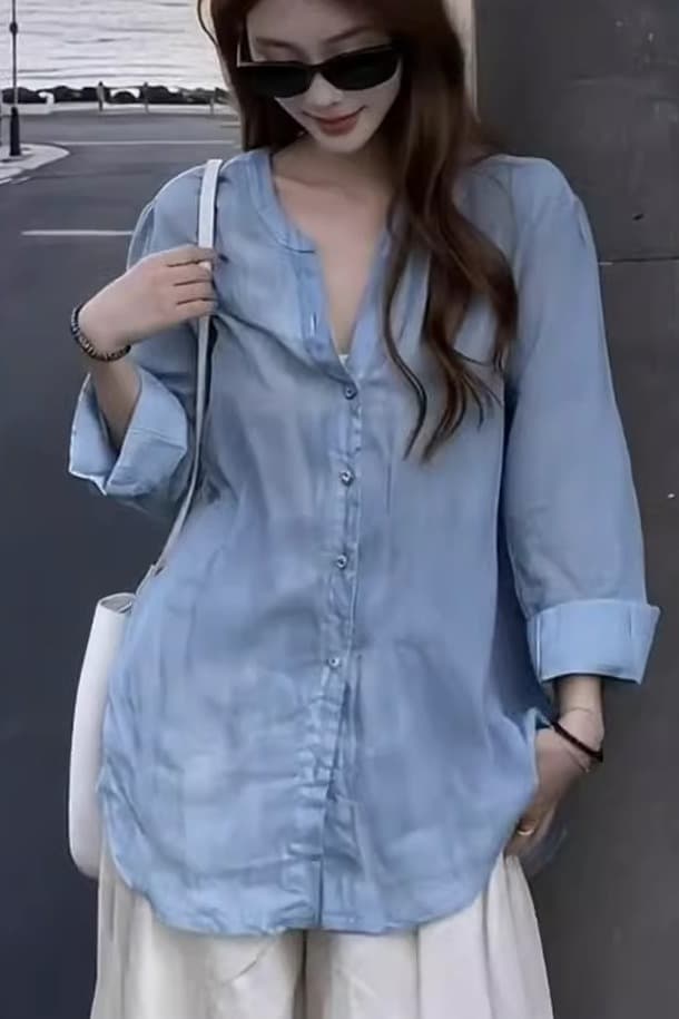 돈 바람 느슨함 센스 파란색 아마 자외선 차단 여성 셔츠 여름 얇고 가벼운 착용 가져 가라. 캐주얼 레트로 셔츠 라미 맨위 이미지 6
