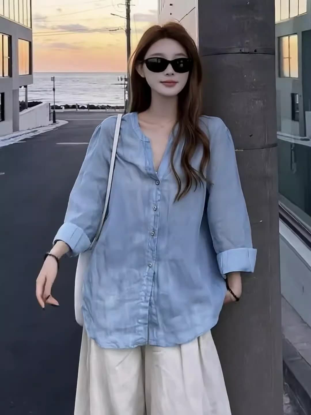 돈 바람 느슨함 센스 파란색 아마 자외선 차단 여성 셔츠 여름 얇고 가벼운 착용 가져 가라. 캐주얼 레트로 셔츠 라미 맨위 상세 이미지 2