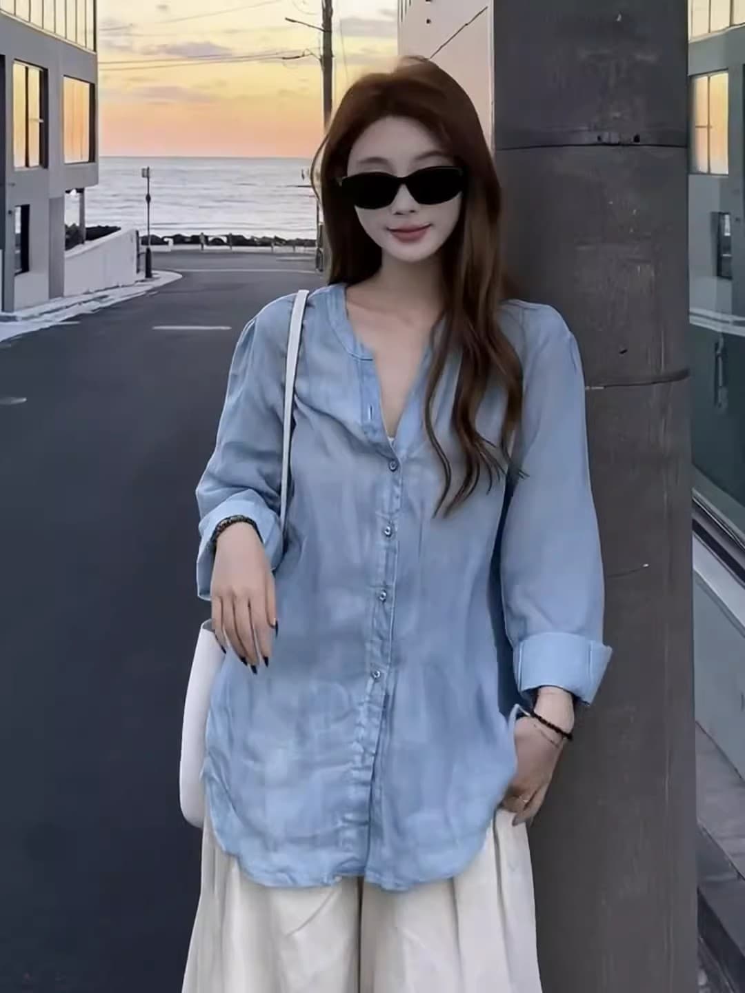 돈 바람 느슨함 센스 파란색 아마 자외선 차단 여성 셔츠 여름 얇고 가벼운 착용 가져 가라. 캐주얼 레트로 셔츠 라미 맨위 상세 이미지 5