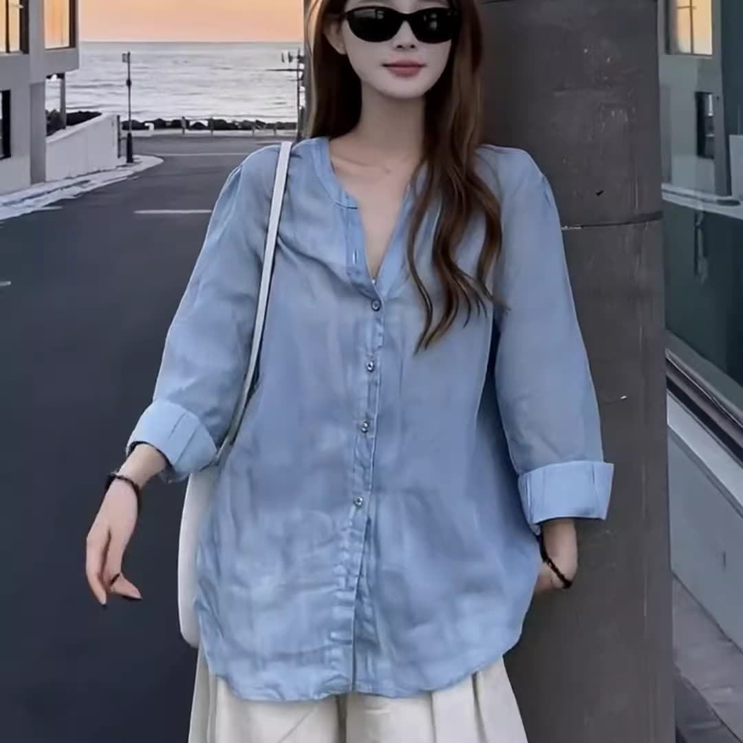 돈 바람 느슨함 센스 파란색 아마 자외선 차단 여성 셔츠 여름 얇고 가벼운 착용 가져 가라. 캐주얼 레트로 셔츠 라미 맨위 상세 이미지 7