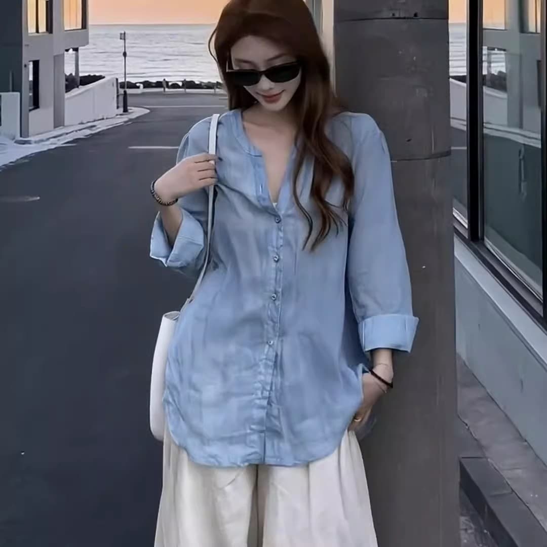 돈 바람 느슨함 센스 파란색 아마 자외선 차단 여성 셔츠 여름 얇고 가벼운 착용 가져 가라. 캐주얼 레트로 셔츠 라미 맨위 상세 이미지 8