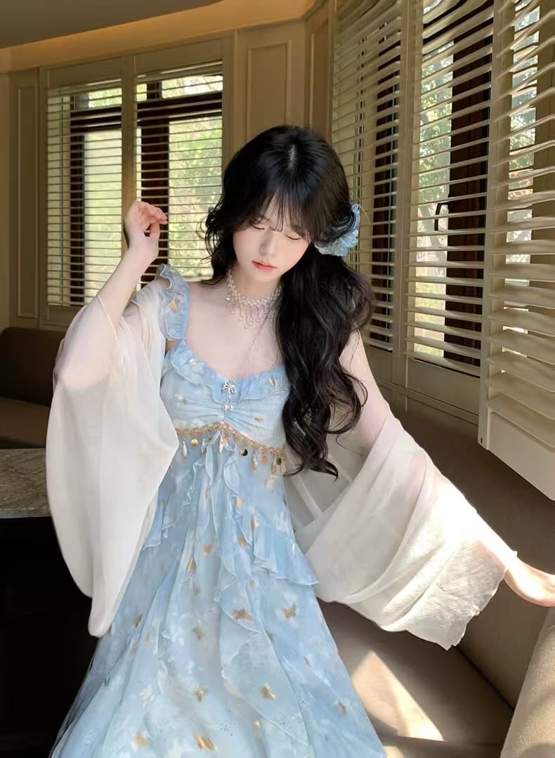 나비 춤 은하계 2026 우아함 소녀 센스 나비 스팽글 슬립 드레스 요정 가스 프릴 수준 치마 상세 이미지 6
