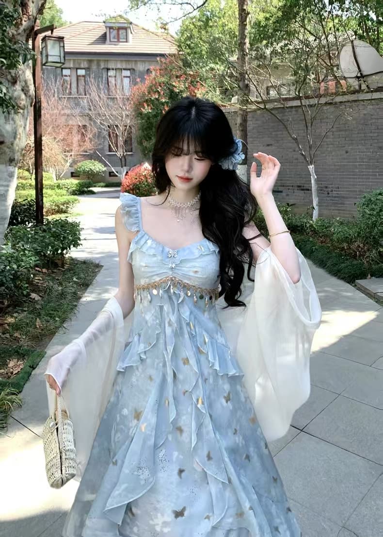 나비 춤 은하계 2026 우아함 소녀 센스 나비 스팽글 슬립 드레스 요정 가스 프릴 수준 치마 상세 이미지 13
