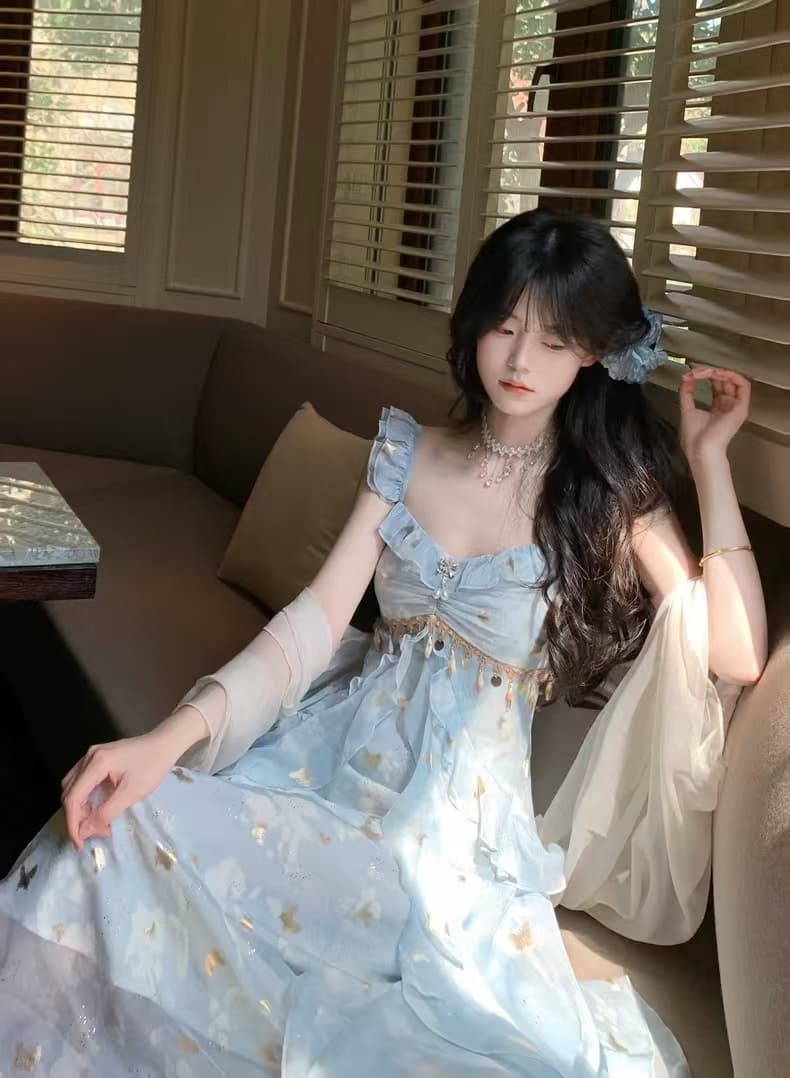 나비 춤 은하계 2026 우아함 소녀 센스 나비 스팽글 슬립 드레스 요정 가스 프릴 수준 치마 상세 이미지 15