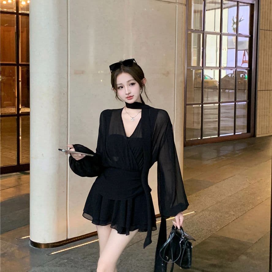 검정색 리본 십자가 V넥 긴팔 여성 드레스 봄 가을 품격 쉬폰 미니 스커트 명문 여성 로얄 자매 바람 한 마디 치마 이미지 2