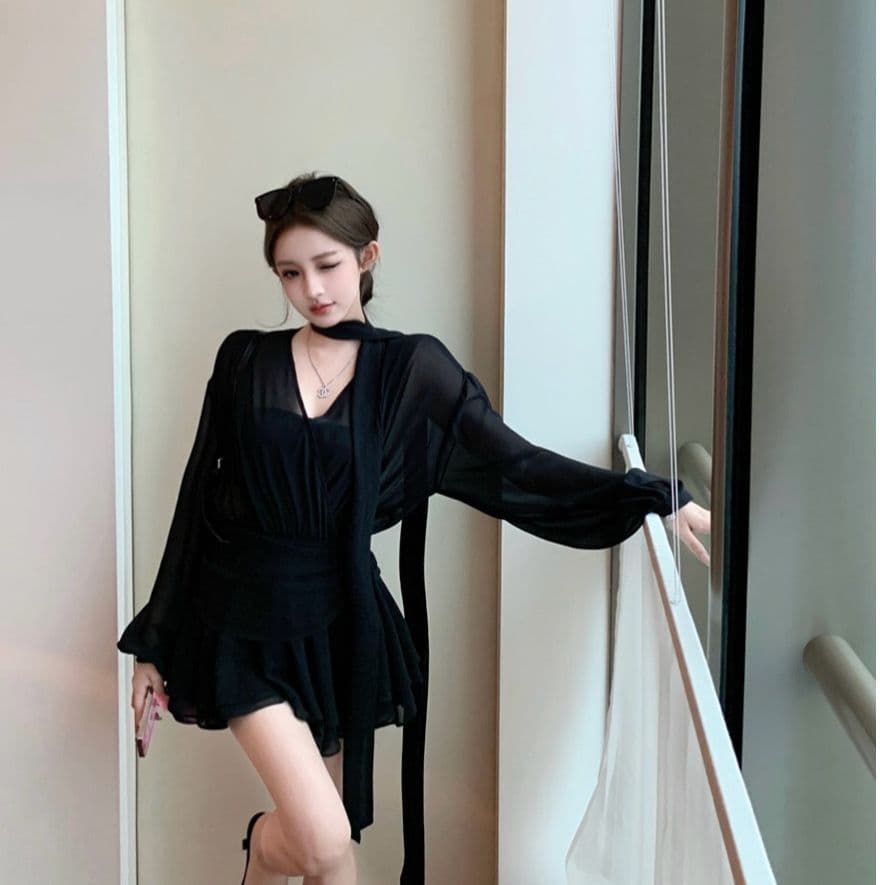 검정색 리본 십자가 V넥 긴팔 여성 드레스 봄 가을 품격 쉬폰 미니 스커트 명문 여성 로얄 자매 바람 한 마디 치마 이미지 3