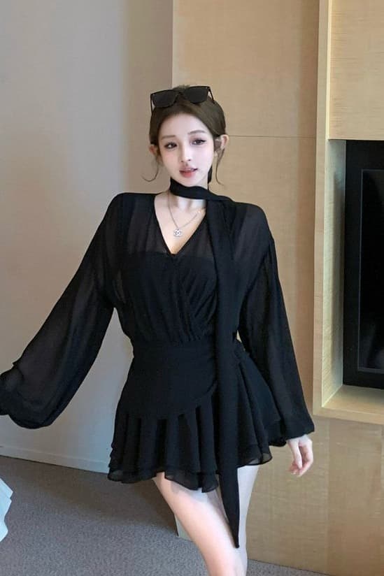검정색 리본 십자가 V넥 긴팔 여성 드레스 봄 가을 품격 쉬폰 미니 스커트 명문 여성 로얄 자매 바람 한 마디 치마 이미지 6