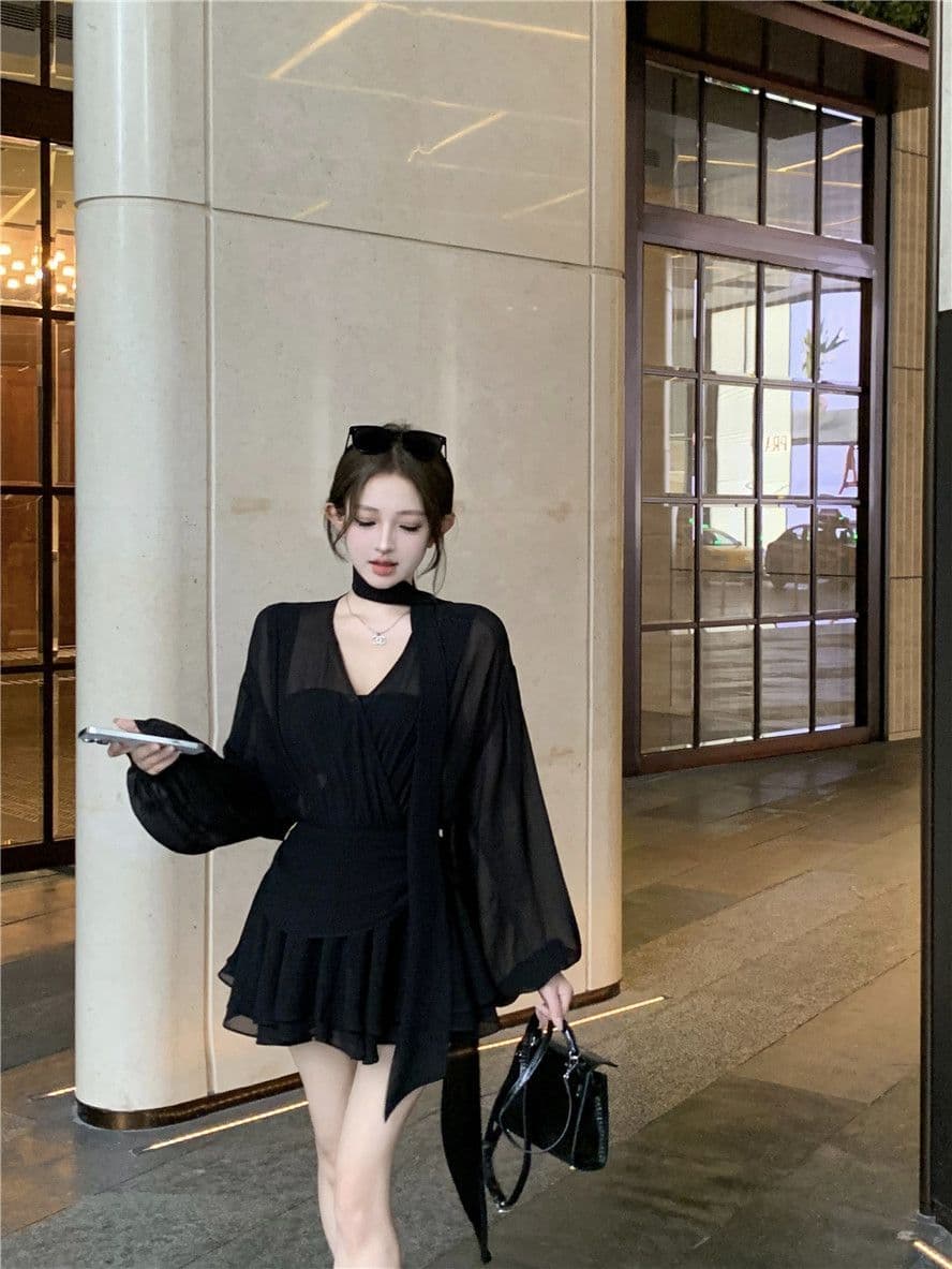 검정색 리본 십자가 V넥 긴팔 여성 드레스 봄 가을 품격 쉬폰 미니 스커트 명문 여성 로얄 자매 바람 한 마디 치마 상세 이미지 2