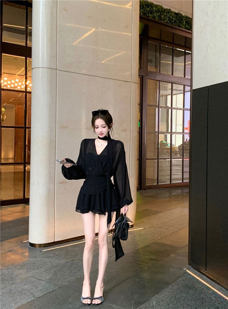 검정색 리본 십자가 V넥 긴팔 여성 드레스 봄 가을 품격 쉬폰 미니 스커트 명문 여성 로얄 자매 바람 한 마디 치마 상세 이미지 5