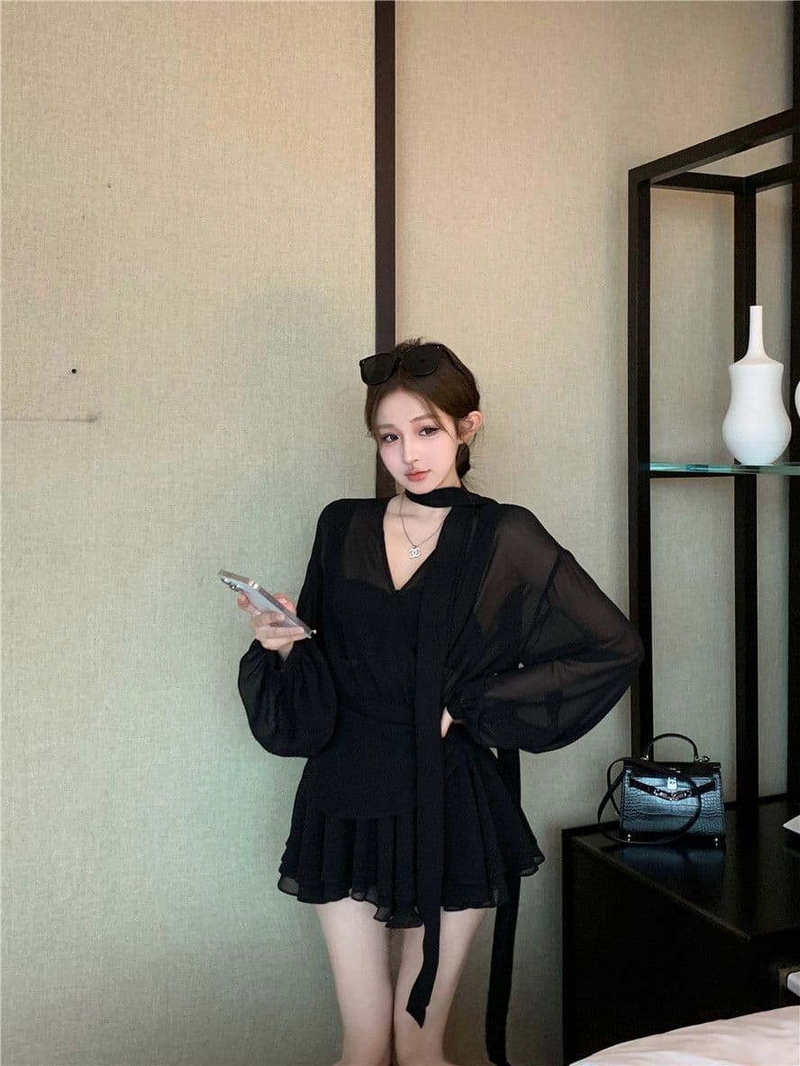검정색 리본 십자가 V넥 긴팔 여성 드레스 봄 가을 품격 쉬폰 미니 스커트 명문 여성 로얄 자매 바람 한 마디 치마 상세 이미지 9