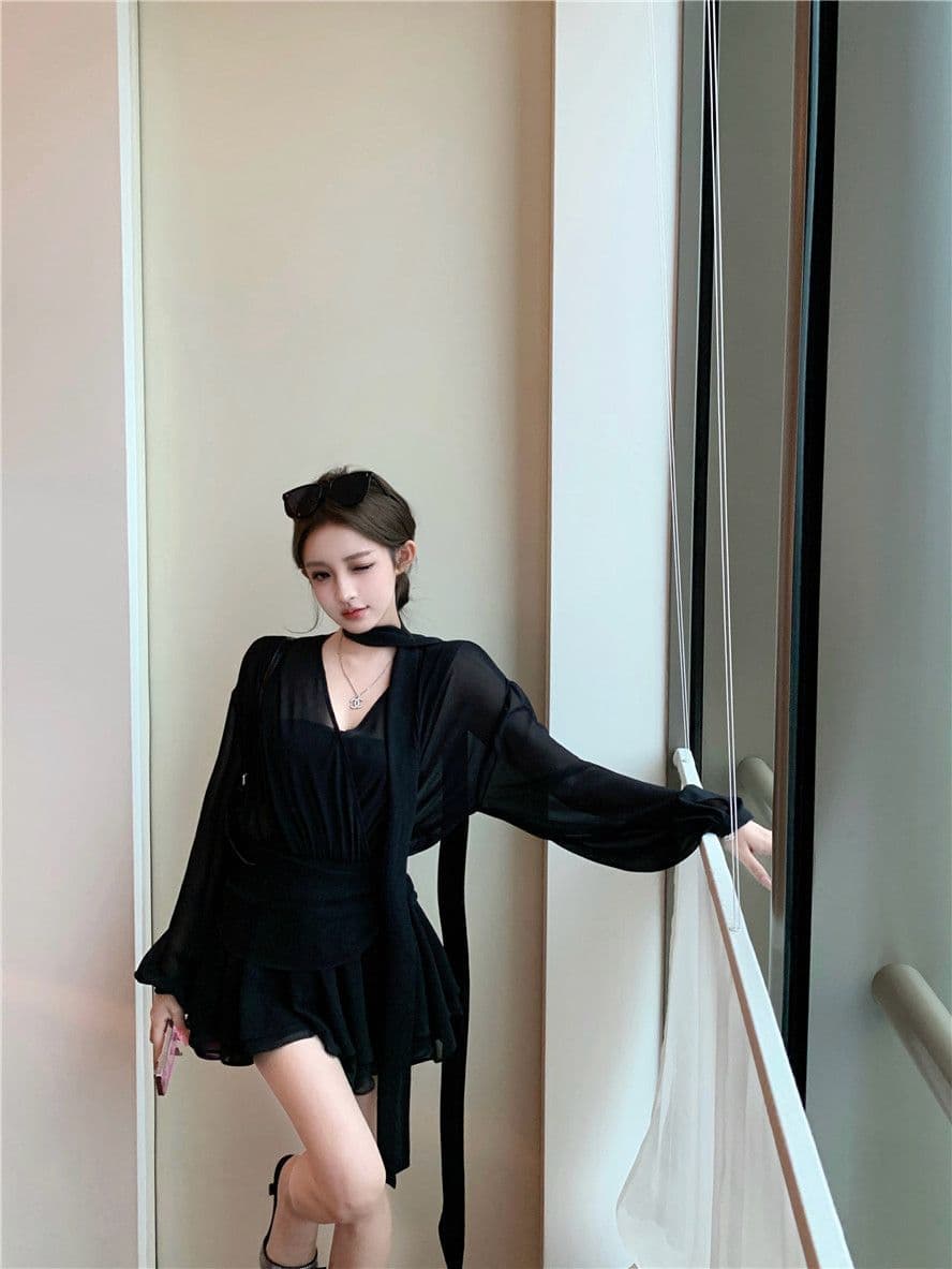 검정색 리본 십자가 V넥 긴팔 여성 드레스 봄 가을 품격 쉬폰 미니 스커트 명문 여성 로얄 자매 바람 한 마디 치마 상세 이미지 10