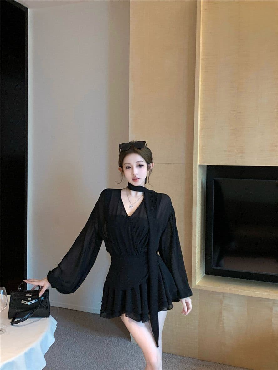 검정색 리본 십자가 V넥 긴팔 여성 드레스 봄 가을 품격 쉬폰 미니 스커트 명문 여성 로얄 자매 바람 한 마디 치마 상세 이미지 12