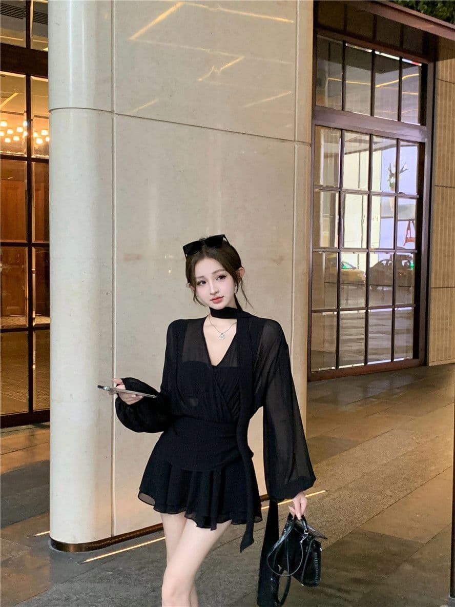 검정색 리본 십자가 V넥 긴팔 여성 드레스 봄 가을 품격 쉬폰 미니 스커트 명문 여성 로얄 자매 바람 한 마디 치마 상세 이미지 13