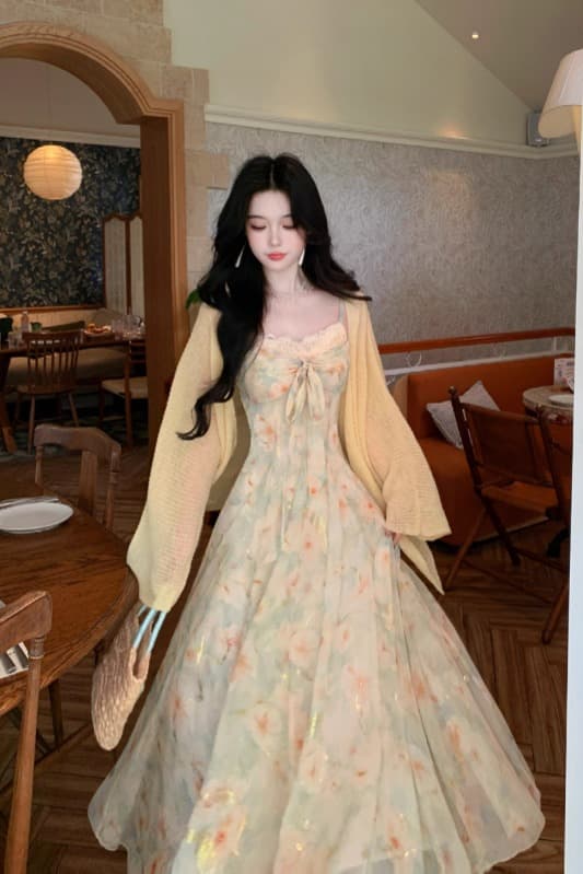 blovelan 리플 심장 코어 분위기 센스 신선함 꽃무늬 허리 수축 다림질 금박 대 치마 나비 매듭 슬립 드레스 이미지 6