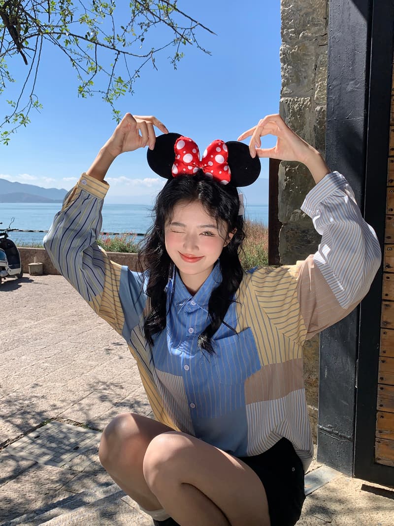 봄 레트로 스트라이프 패치워크 긴팔 여성 셔츠 2026 새로운 Chic 디자인 센스 캐주얼 폴로 칼라 맨위 재킷 상세 이미지 6