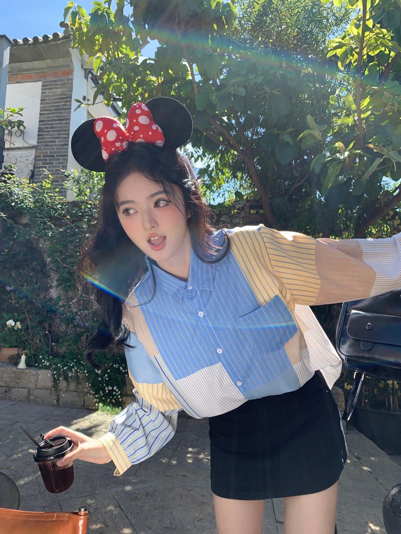 봄 레트로 스트라이프 패치워크 긴팔 여성 셔츠 2026 새로운 Chic 디자인 센스 캐주얼 폴로 칼라 맨위 재킷 상세 이미지 8